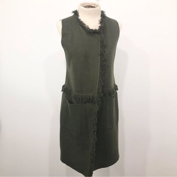 Sisters Olive Green Felted Knit Fringed Open Front Tunic Cardigan Vest - Picture 3 of 16